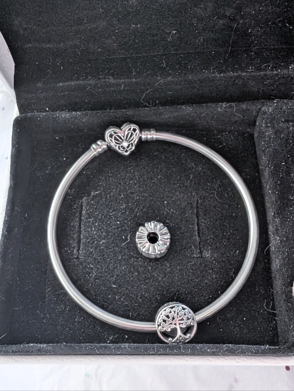 Pandora Silver Heart Clasp Bangle with Tree of Life Charm & Heart Clip Charm